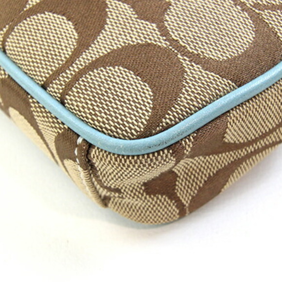 Coach Waist Bag Signature Khaki Light Blue Canvas Leather Hip Pouch Body Wome...